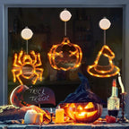 Mandotos Halloween LED window lights featuring spooky pumpkin, spider, and ghost designs for festive decor.