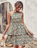 Mandotos summer printed halter dress for women, boho backless ruffled A-line beach dress, perfect for warm-weather outings.