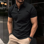 Men's summer short sleeve polo shirt by Mandotos in solid color with button lapel, casual and comfortable for warm weather.