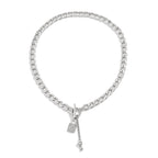 Mandotos thick chain lock and key pendant necklace, trendy fashion jewelry with bold design, showcasing a stylish metal chain and pendant.