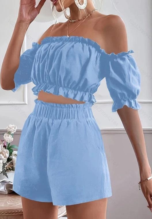 Two-piece women's short sleeve shorts set by MANDOTOS, featuring comfortable casual tops and shorts for warm weather.
