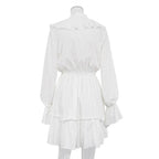 Mandotos V-neck pleated ruffle dress with flared sleeves, short Y2K-inspired fashion look, stylish and feminine design