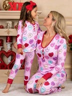 Matching Valentine's Day love print pajamas set for parent and child by MANDOTOS, featuring cozy, festive holiday sleepwear.