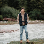 White duck down vest by MANDOTOS, a men's ultra-effective three-proof jacket with insulated, lightweight design and durable fabric.