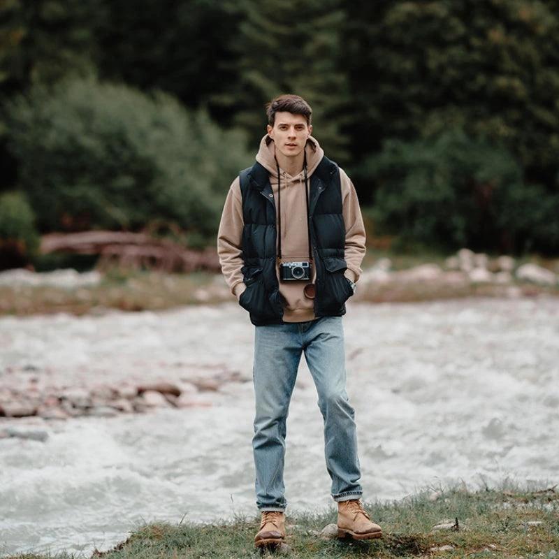White duck down vest by MANDOTOS, a men's ultra-effective three-proof jacket with insulated, lightweight design and durable fabric.