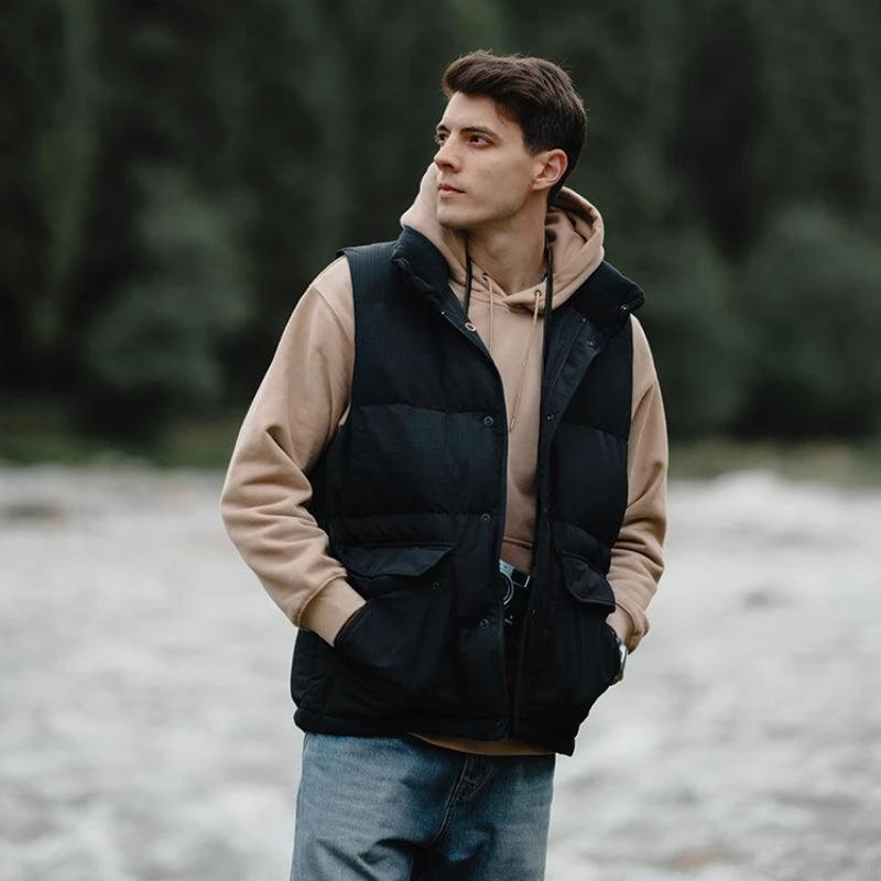 White duck down vest by Mandotos, men's ultra-effective three-proof jacket with lightweight insulation and durable fabric.