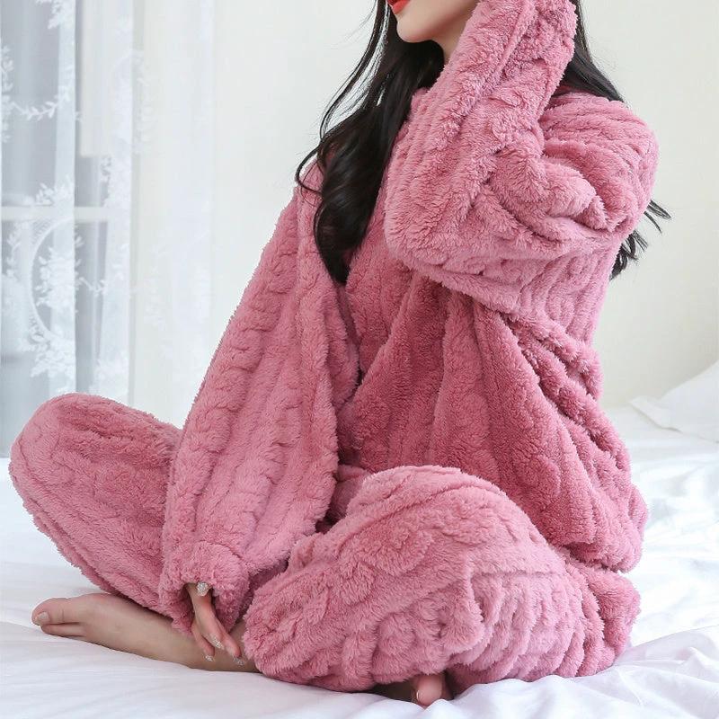 Mandotos winter pajamas set in thick coral velvet, featuring a cozy, warm homewear design with long sleeves and comfortable fit.
