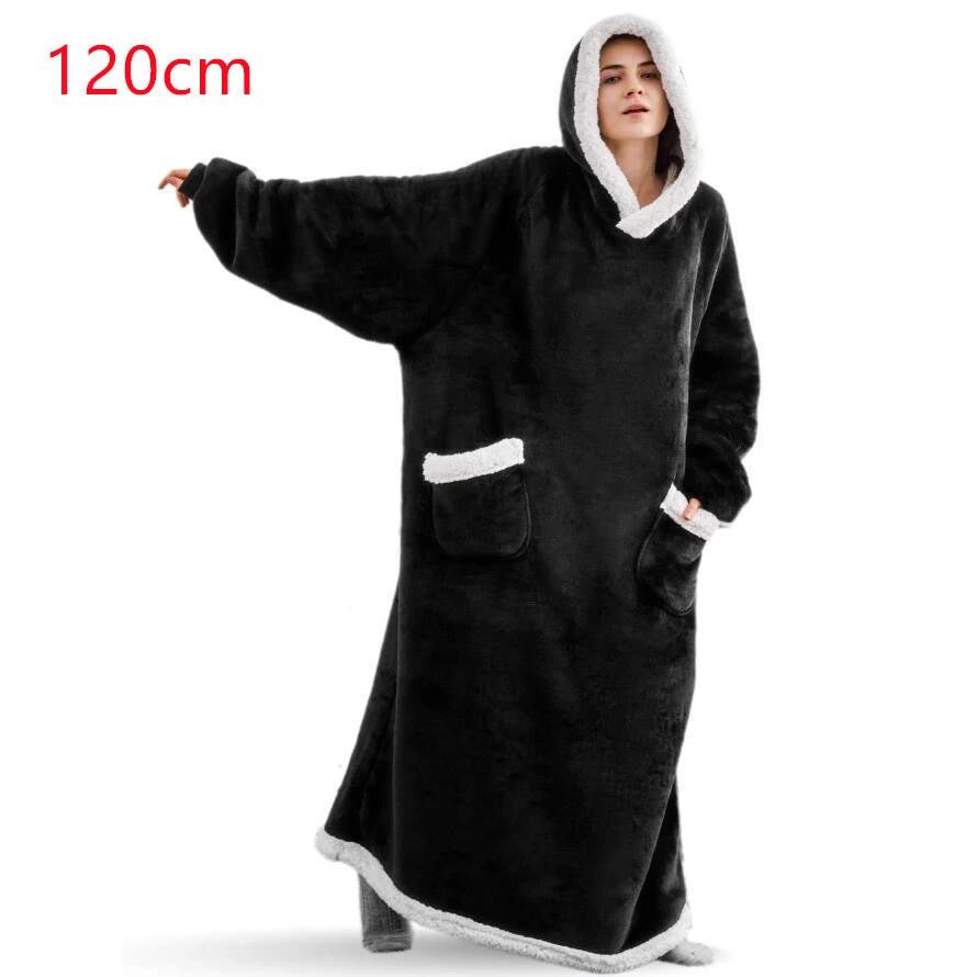 Mandotos winter TV hoodie blanket in gray, oversized warm pullover with pockets for women and men, cozy home wear.