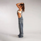 Mandotos Y2K denim overalls with zipper suspenders, streetwear style, featuring classic denim fabric and adjustable straps.