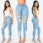 Mandotos denim pencil pants for women featuring slim fit, long length, ripped holes, and stretch fabric for a trendy, casual look.
