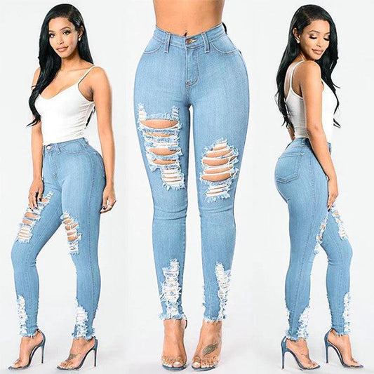 Mandotos denim pencil pants for women featuring slim fit, ripped holes, stretch fabric, and long tapered legs.