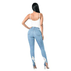 Mandotos denim pencil pants for women, slim long trousers with ripped holes and stretch-fit design.