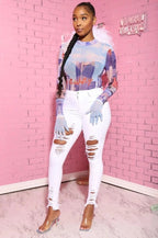 Mandotos denim pencil pants for women, slim fit long trousers with ripped holes and stretch fabric, stylish and comfortable.