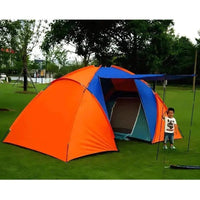 Mandotos dual layer family camping tent set up outdoors with multiple windows and a spacious interior for group camping.
