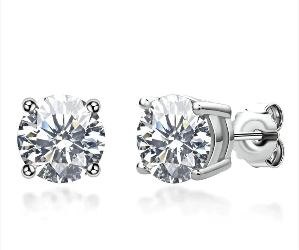 Elegant 18K gold and silver moissanite stud earrings by MANDOTOS, showcasing sparkling gemstones and a classic design.
