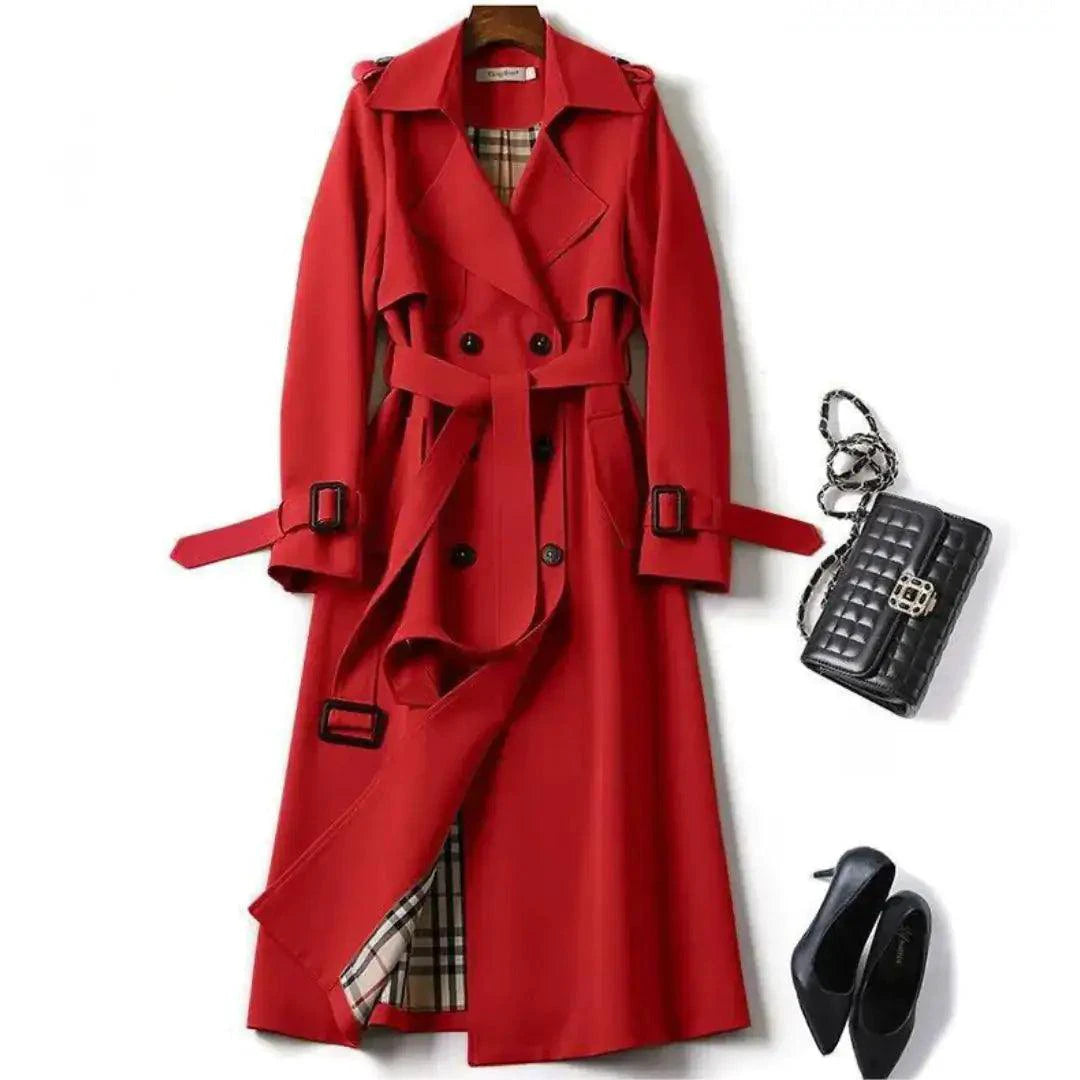 Elegant classic trench coat by MANDOTOS, featuring a tailored fit, double-breasted design, and neutral color, displayed on a mannequin.