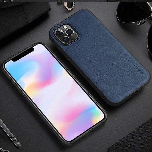 Elegant leather iPhone shield by MANDOTOS, showcasing a sleek, sophisticated protective case with smooth leather finish.