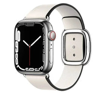 Elegant leather strap by MANDOTOS, showcasing smooth black leather with detailed stitching and sturdy metal buckle.