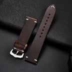 Elegant leather watch band by MANDOTOS, showcasing a classic brown strap with stitching detail on a white background.
