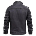 Mandotos elegant premium leather jacket shown on a model, featuring a sleek design and classic collar for a stylish look.
