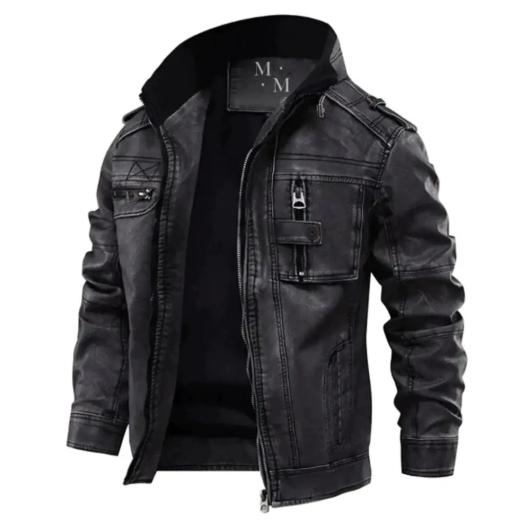 Mandotos elegant premium leather jacket featuring a sleek design, classic collar, and stylish stitching.