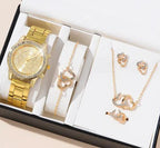 Mandotos elegant rose gold watch ensemble with matching bracelet and jewelry pieces, showcasing a sophisticated style.