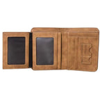 Mandotos Elite Fold Leather Wallet showing multiple card slots and sleek design on brown leather surface.