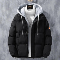 Mandotos men's winter windproof hooded jacket with thickened faux two-piece design, solid leisure sports cotton coat.