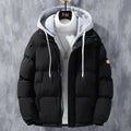Mandotos men's winter windproof hooded jacket with thickened faux two-piece design, solid leisure sports cotton coat.