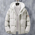 Mandotos men's winter hooded jacket with windproof, thickened cotton, fake two-piece design, solid color, leisure sports style.