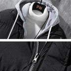 Men's winter hooded windproof cotton jacket by MANDOTOS, thickened, solid color, two-piece style, suitable for leisure and sports.