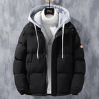 Mandotos men's winter hooded jacket with windproof, thick cotton design, solid color, and sporty two-piece style for casual wear.