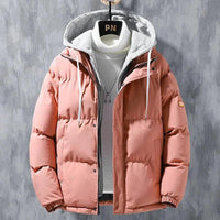 Mandotos men's winter hooded windproof cotton jacket with a thickened, fake two-piece design for casual and sports wear.