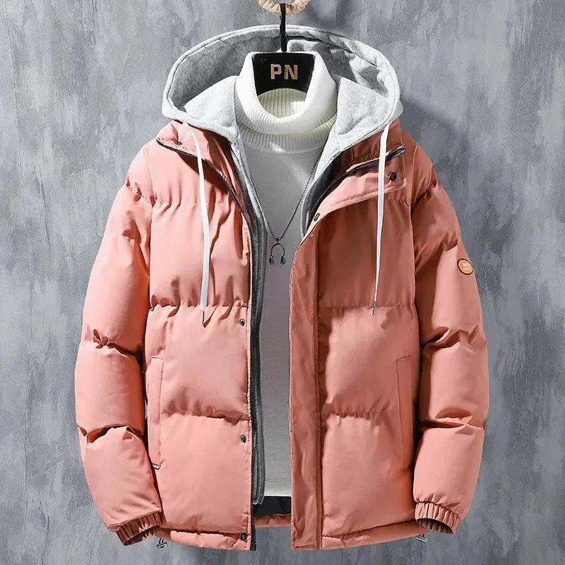 Mandotos men's winter hooded windproof cotton jacket with a thickened, fake two-piece design for casual and sports wear.