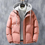 Mandotos men's winter hooded windproof cotton jacket with thickened fake two-piece design, solid color, casual sports style.