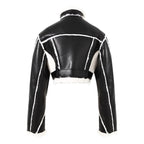 Mandotos faux leather cropped jacket shown on a hanger, featuring a stylish short design with a smooth black finish.
