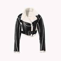 Faux leather cropped jacket by MANDOTOS featuring a fitted design, collar, and long sleeves on a neutral background.