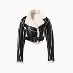 Mandotos faux leather cropped jacket with collar and long sleeves, stylish and fitted for a trendy look.