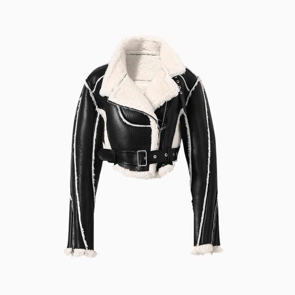 Mandotos faux leather cropped jacket featuring a stylish fitted design and classic collar, perfect for a trendy layered look.