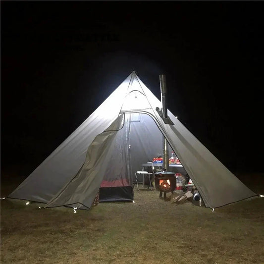 Mandotos Featherlight Pyramid Camp Shelter set up outdoors, showcasing lightweight, durable camping shelter with open sides and rainfly.