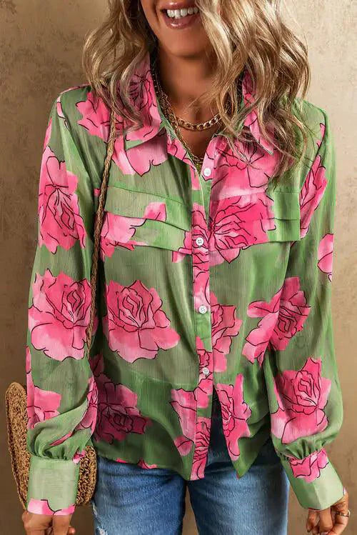 Mandotos Floral Elegance long sleeve shirt with vibrant floral print and tailored fit, perfect for stylish casual wear.