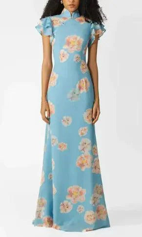 Mandotos Floral Elegance Puff Sleeve Dress with a fitted bodice, floral print, and puffed sleeves, perfect for spring or summer occasions.