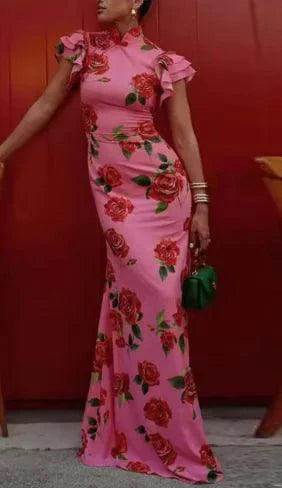 Mandotos floral elegance puff sleeve dress featuring a vibrant floral pattern and stylish puff sleeves, perfect for spring and summer wear.