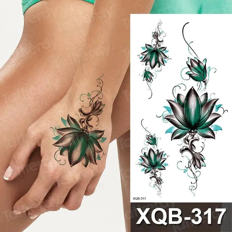 Mandotos Floral Essence Body Art Tattoo with vibrant floral design on skin, showcasing intricate body tattoo art.