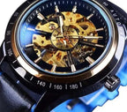 Mandotos Forsining Scarlet Leather Timepiece with round dial and black straps, showcasing elegant watch design.
