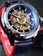 Mandotos Forsining Scarlet leather strap wristwatch with round dial and silver accents.