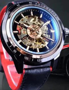Mandotos Forsining Scarlet leather strap wristwatch with round dial and silver accents.