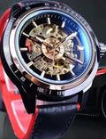 Mandotos Forsining Scarlet Leather Timepiece with round dial and black leather strap, stylish men's wristwatch.