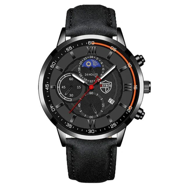 Mandotos men's classic leather wristwatch with black dial and silver case, stylish timepiece for everyday wear.