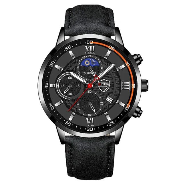Elegant men's classic leather watch by MANDOTOS featuring a round dial and leather strap.